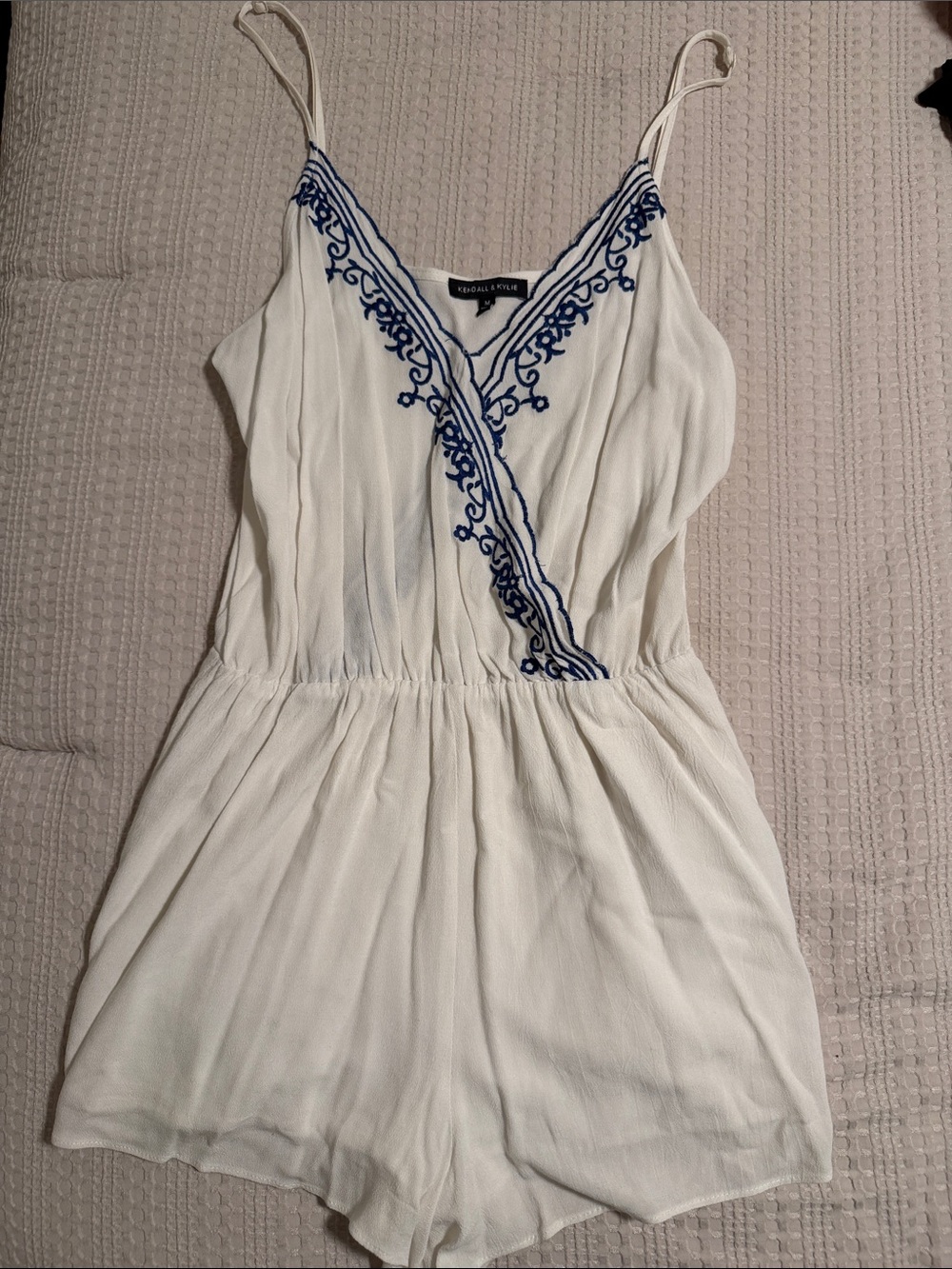 Kendall & Kylie White Romper with Blue Embroidered Trim